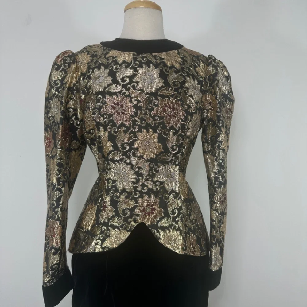 VTG JESSICA McCLINTOCK Velvet Brocade Party Dress Puff Black Gold Ball Gown 10